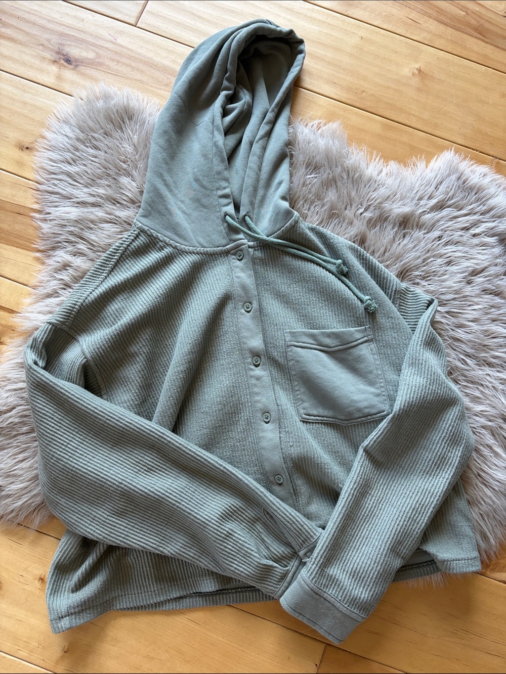 American Eagle Olive Green Hooded Button-Up Ribbed Top
